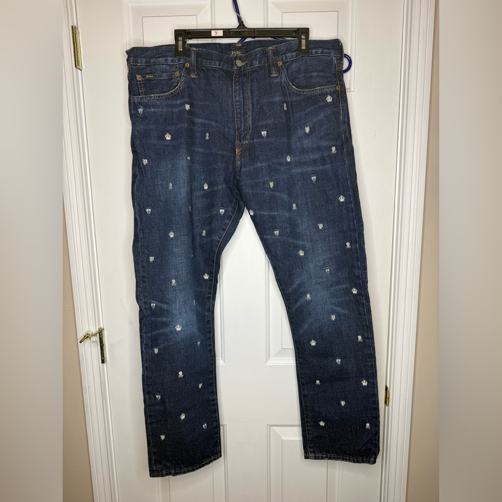 Polo Ralph Lauren Crown Skull Bones Embroidered Sullivan Slim Jeans 38 X 32